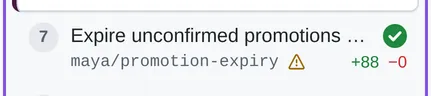 A sidebar row with its branch name and a yellow warning icon: the recorded branch no longer points at this commit