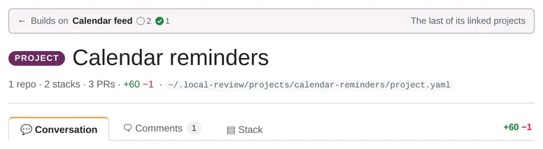 A successor's project page: a bar reading "← Builds on Calendar feed" with its readiness and "The last of its linked projects", above the PROJECT label, the title and the tabs
