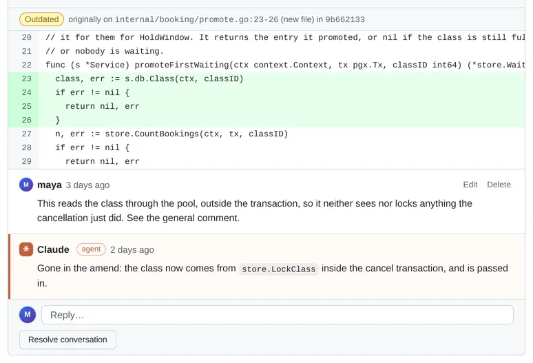 A thread labelled Outdated, showing the original lines it was left on, the reviewer's comment and the agent's reply