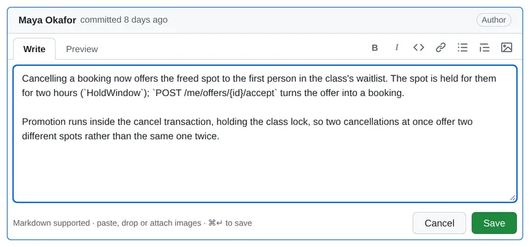 The description editor open on a PR: Write and Preview tabs, a formatting toolbar, the text, and Cancel and Save buttons