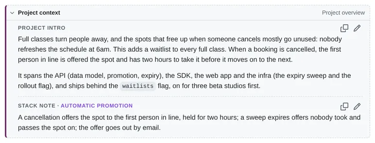 The Project context box: the project intro and the stack note, each with copy and edit buttons