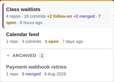 The project switcher open: two projects with their repo and commit counts, and an Archived section holding a third