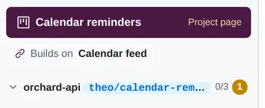 The sidebar of a linked project: the Calendar reminders project link, then "Builds on Calendar feed", then its repo