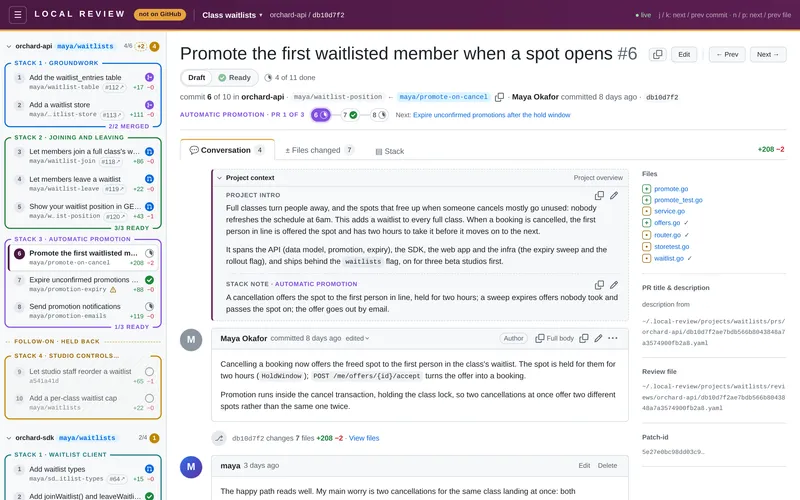 Local Review showing a PR: the plum "not on GitHub" header, a sidebar of colour-coded stacks, and the PR's title, readiness and Conversation tab