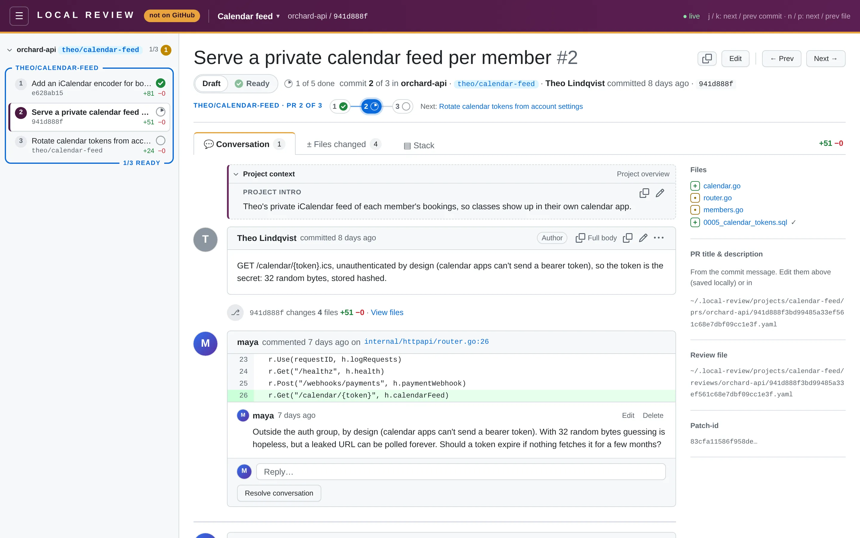 Local Review showing a one-repo project with no stacks configured: its commits form a single stack in the sidebar, and the first PR is open